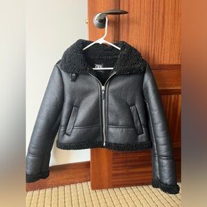 Zara Black Leather Jacket with Fur, Size XS